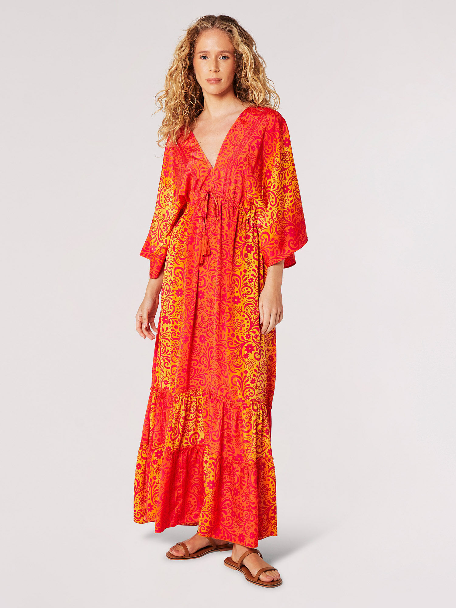 Floral Satin Kimono Kaftan Maxi Dress Apricot Clothing