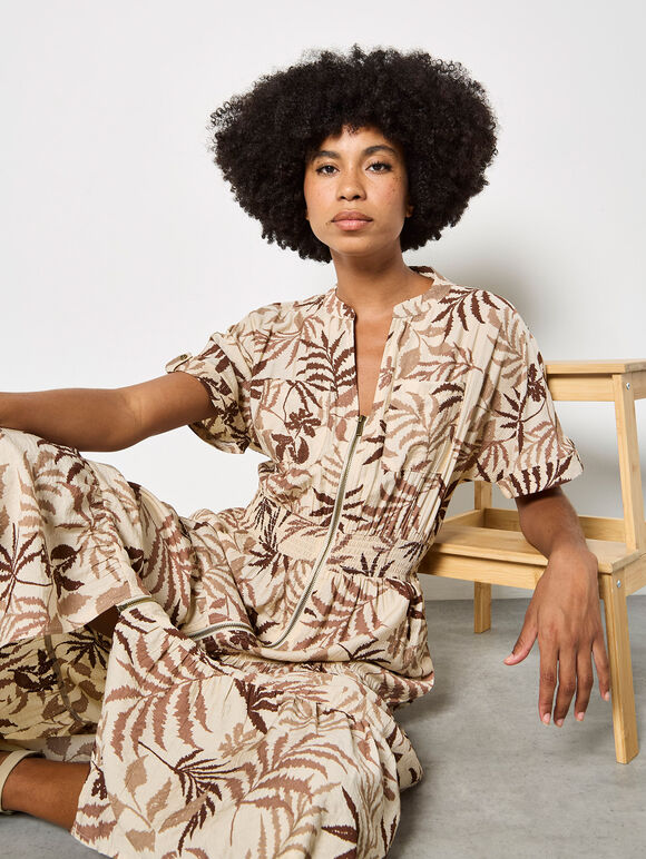 Tropical Leaf Zip-Down Midi Dress, Stone, large