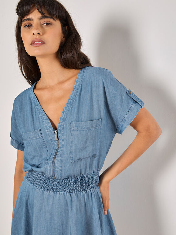 Denim Smocked Mini Dress, Blue, large
