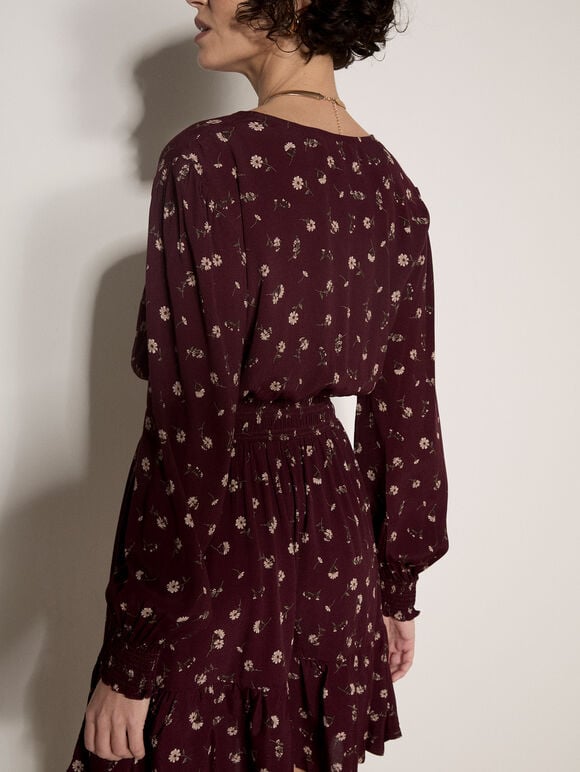 Vintage Floral Crepe Mini Dress, Burgundy, large