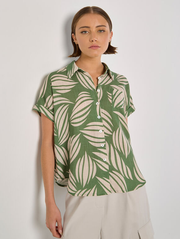 Linen Blend Shell Print Shirt, Green, large