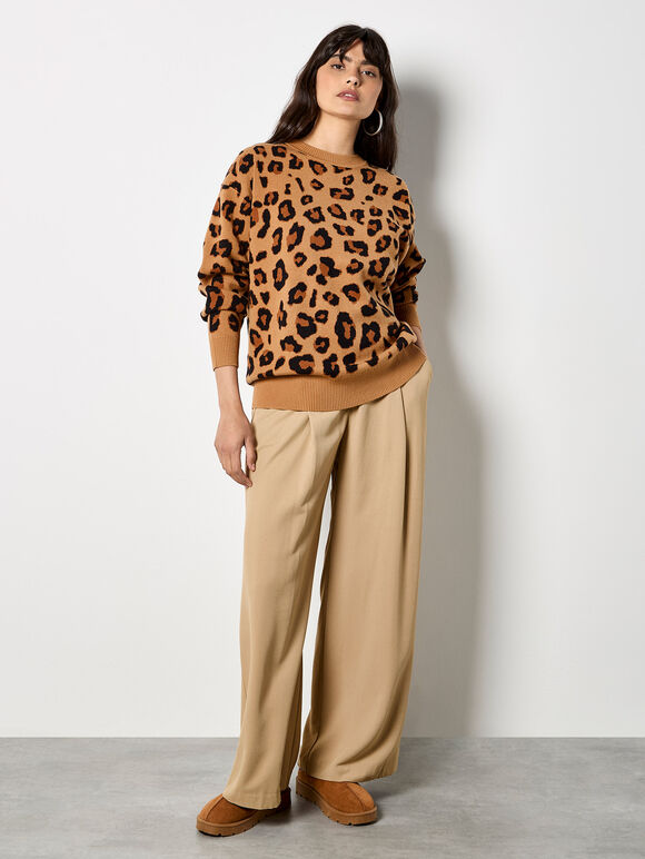 Leopard Print Soft Knit Jumper, Stone, large
