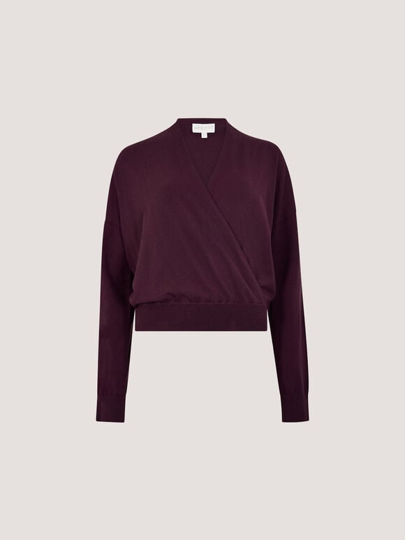 Soft Fine Knit Wrap Jumper, Burgundy, large