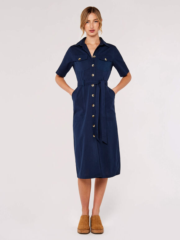 Linen Safari Midi Dress, Navy, large