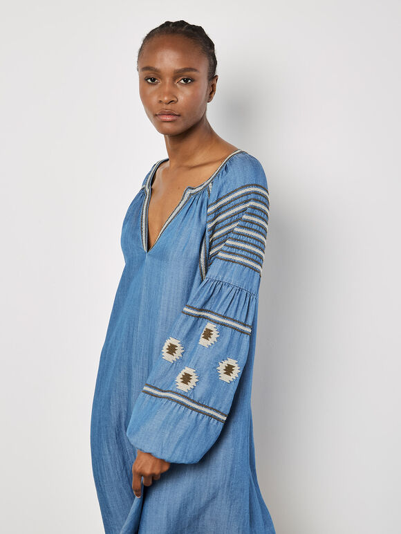Aztec Embroidered Denim Mini Dress, Blue, large