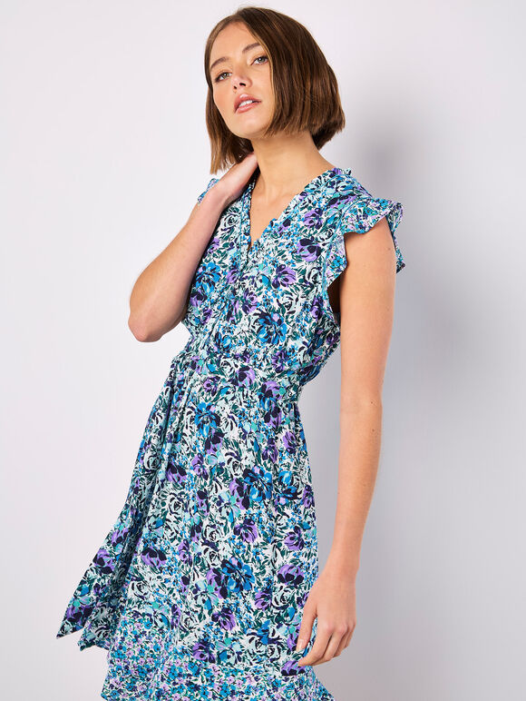 Ditsy Floral Ruffle Mini Dress, Blue, large