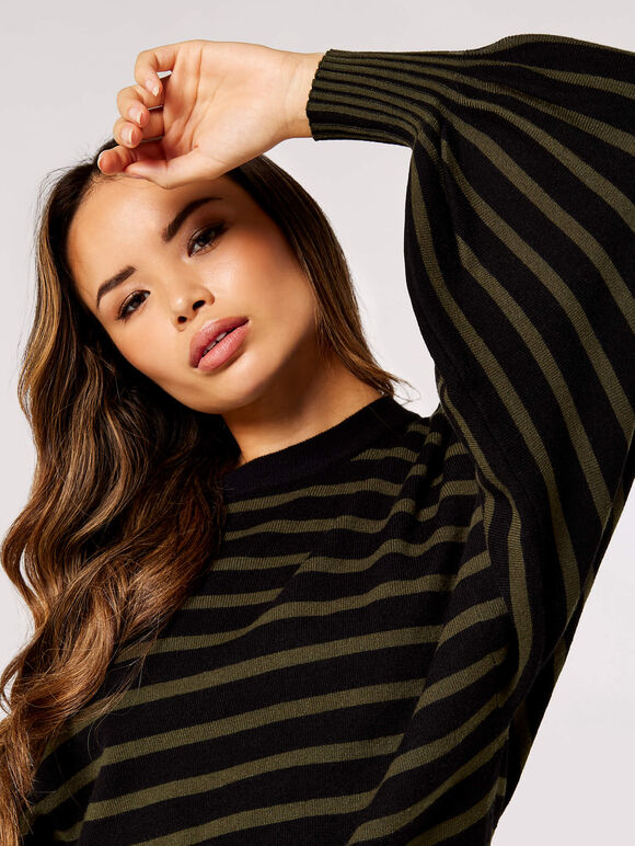 Stripe Rib Boxy Jumper, Khaki, large