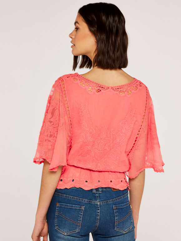 Floral Embroidery Top with Lace, Coral, large