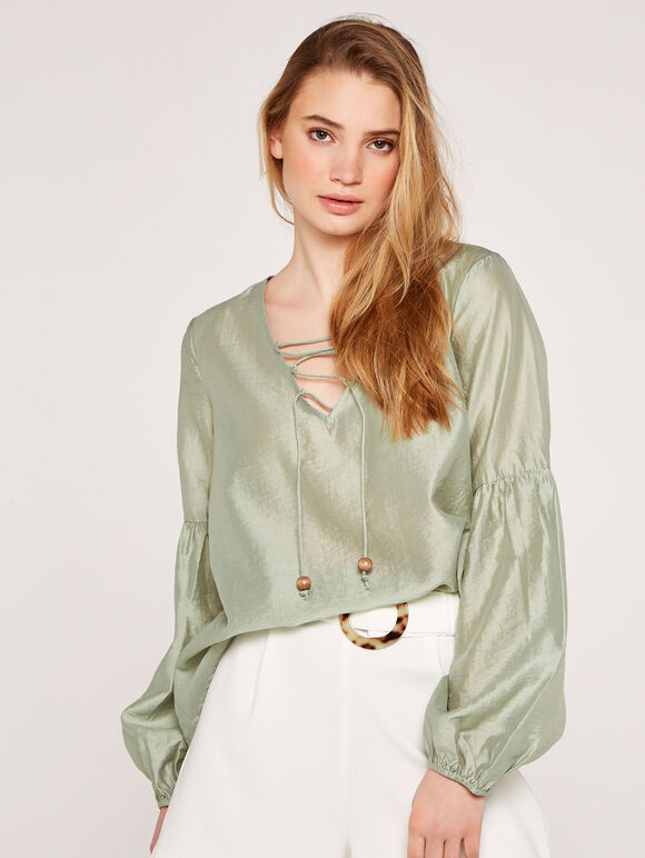 Satin Top with Bead Detail, Green, large