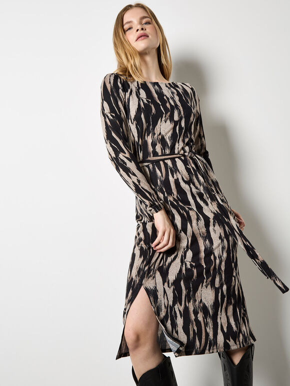 Brushstroke Knitted Midi Dress, Stone, large