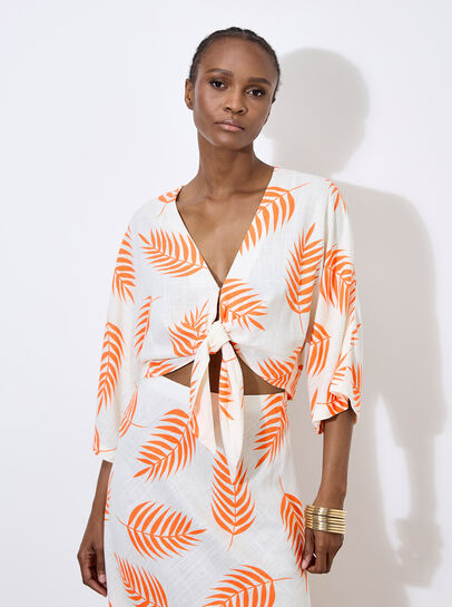 Tropical Leaf Tie Hem Crop Top