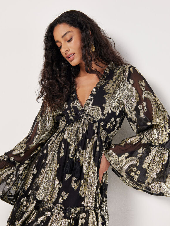 Gold Foil Paisley Mini Dress, Black, large