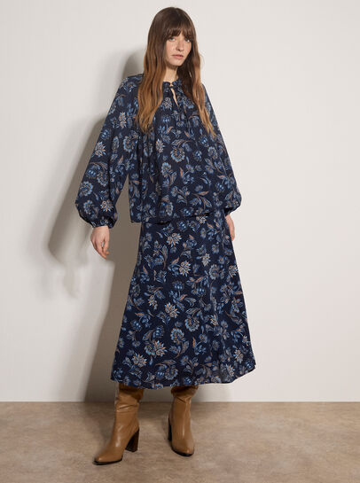 Folk Floral A-Line Midi Skirt