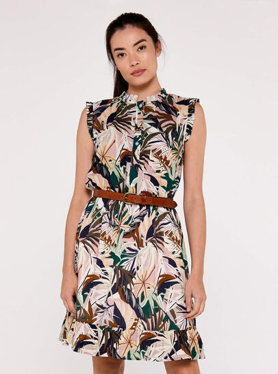 Tropical Leaf Ruffle Dress