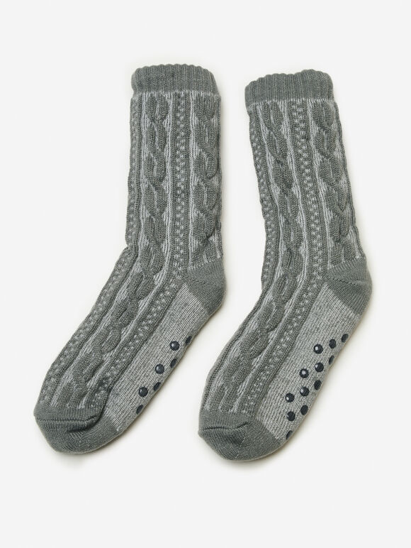 Fluffy Lining Aran Knit Socks, Grey, large