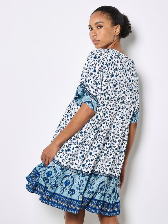 Sarasa Floral Smock Mini Dress, Blue, large