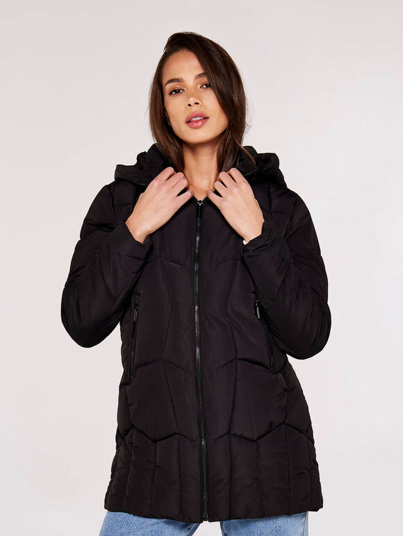 Hooded Puffer Jacket, Black, large
