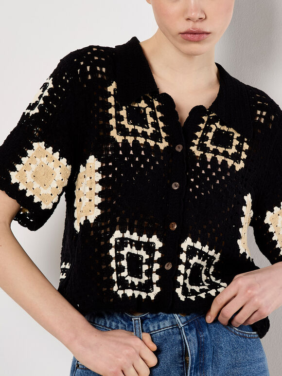 Crochet Squares Top, Black, large