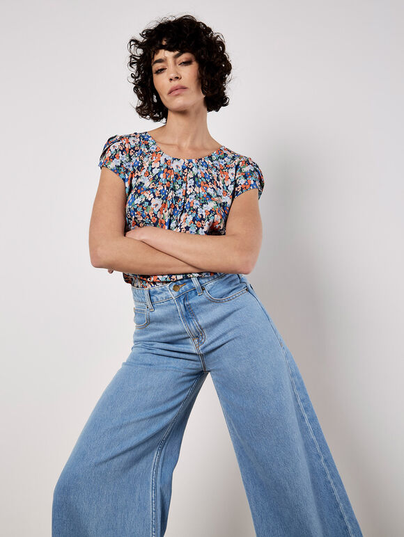 Ditsy Floral Tulip Sleeve Top, Navy, large