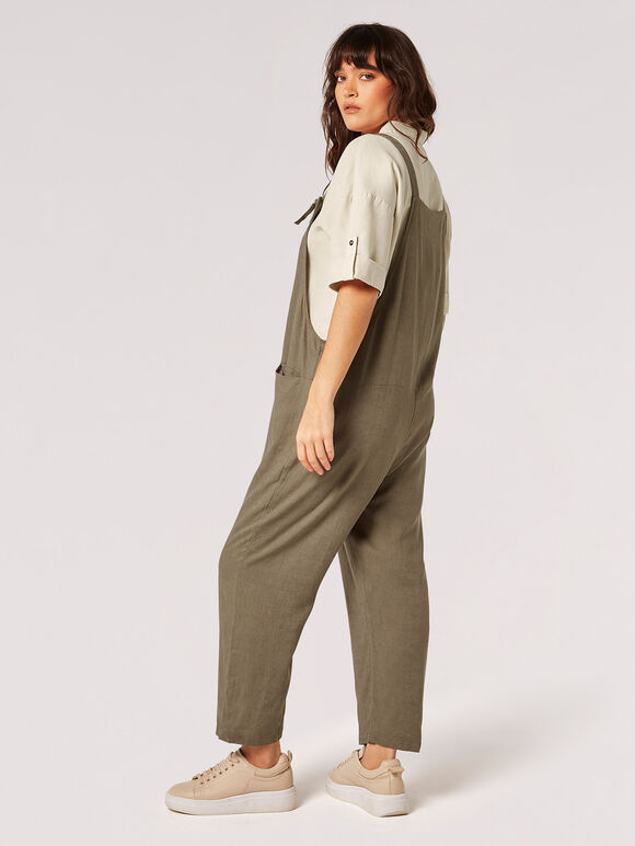 Linen Blend Relaxed Fit Dungarees, Khaki, large