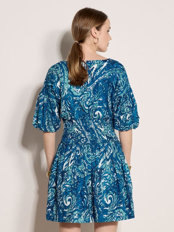 Paisley Bubble Hem Mini Dress, Blue, large