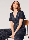 Lined Ornate Lace Jumpsuit, Navy, large