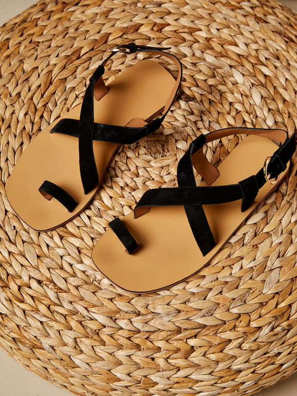 Greek flat Leather sandal, Black, large