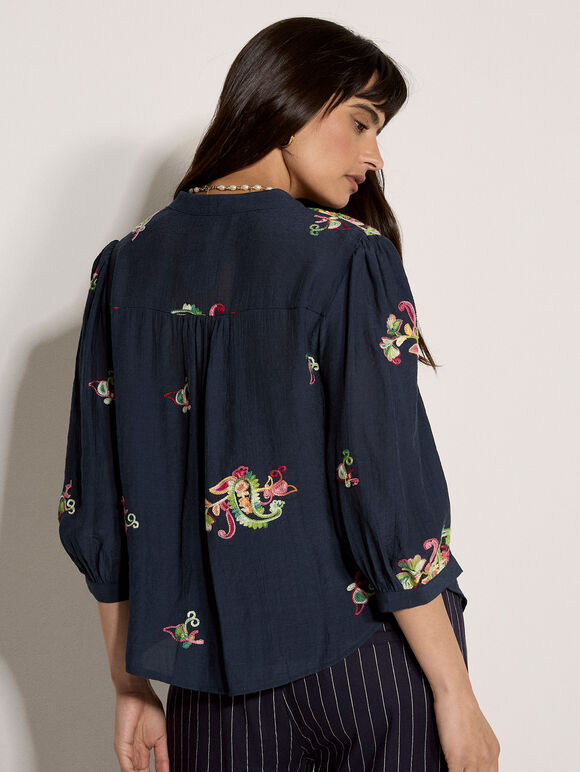 Floral Paisley Embroidered Blouse, Navy, large