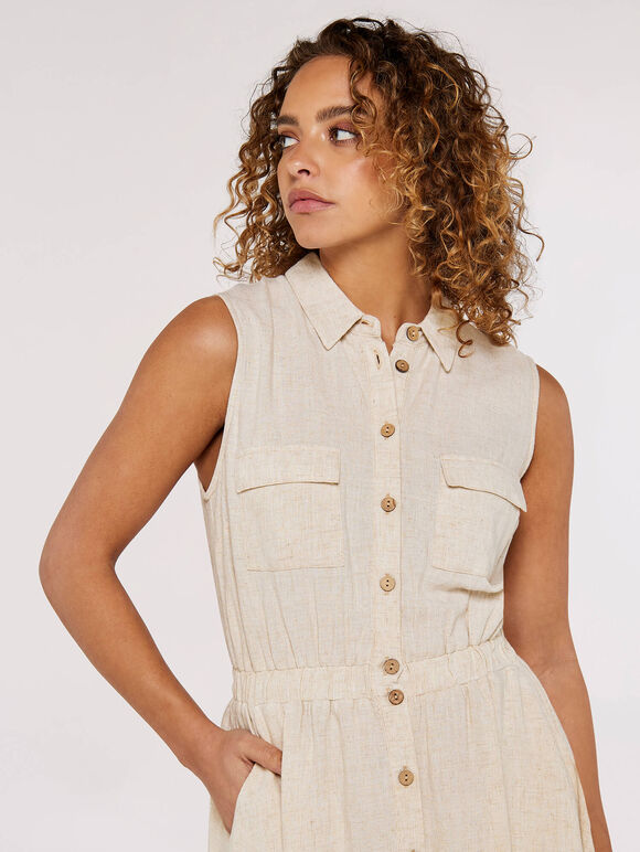 Sleeveless Shirt Mini Dress, Stone, large