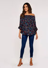 Ditsy Spray Bardot Top, Navy, large