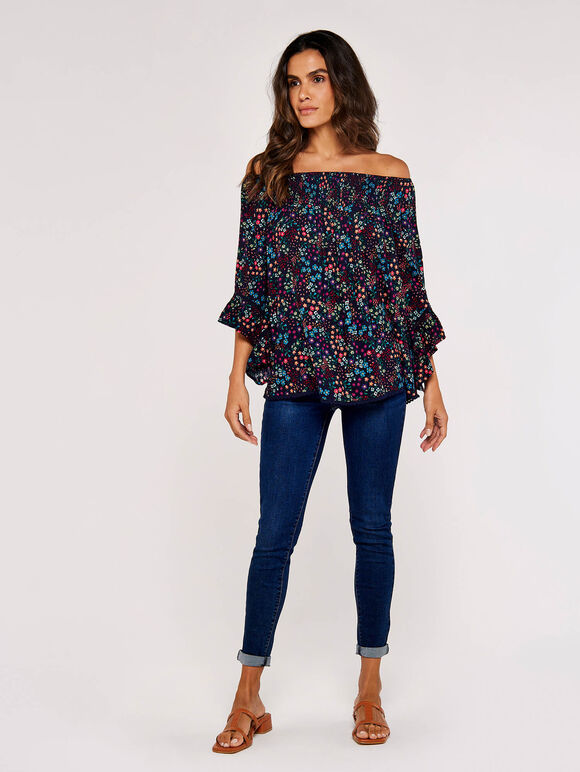 Ditsy Spray Bardot Top, Navy, large