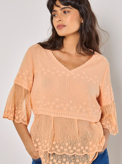 Embroidered Cotton Mesh Blouse