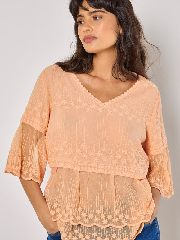 Embroidered Cotton Mesh Blouse, Peach, large