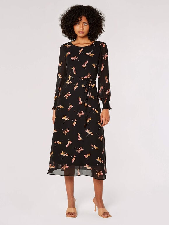 Watercolour Floral Midaxi Dress, Black, large