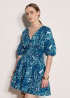 Paisley Bubble Hem Mini Dress, Blue, large