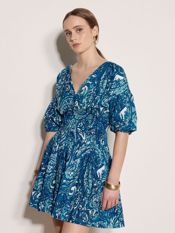 Paisley Bubble Hem Mini Dress, Blue, large