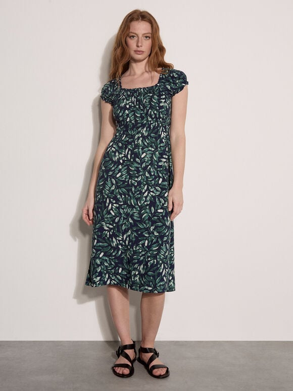 Watercolour Leaf Midi Dress, Navy, large