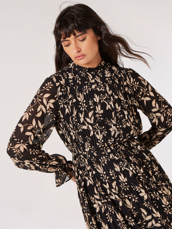 Leaf Pleated Chiffon Midi Dress, Black, large
