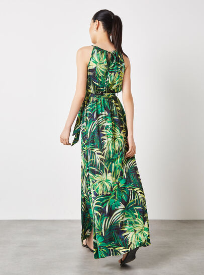 Tropical Leaf Satin Maxi Dress