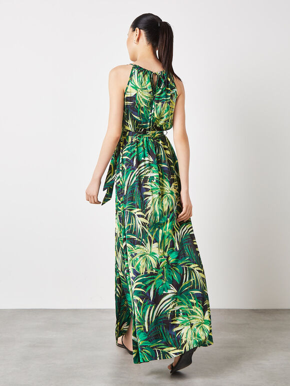 Tropical Leaf Satin Midi Dress, Navy, large