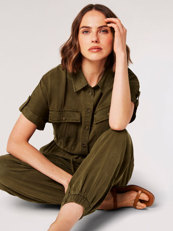 Drawstring Waist Utility Jumpsuit, Khaki, large