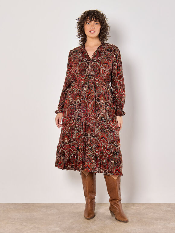 Curve Paisley Shimmer Midi Dress, Rust, large