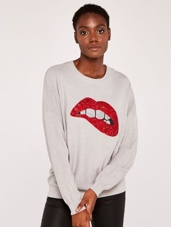 Sequin Lips Batwing Jumper, Grey, large