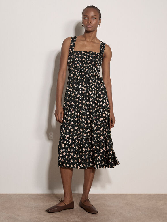 Ditsy Floral Smocked Midi Dress, Peach, large