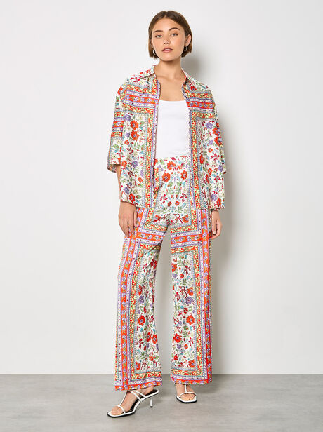 Floral Scarf Print Satin Wide-Leg Trousers