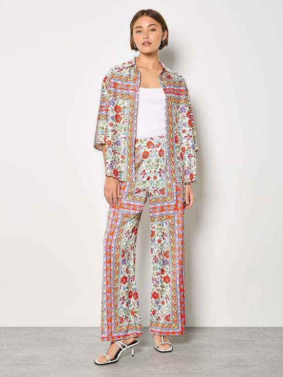 Floral Scarf Print Satin Shirt & Trouser Set, , large