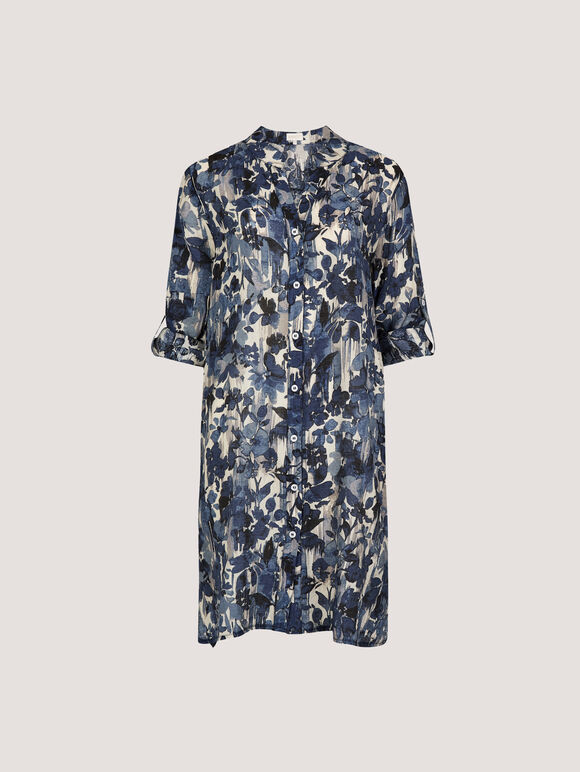 Paintbrush Floral Tunic Shirt, Navy, large