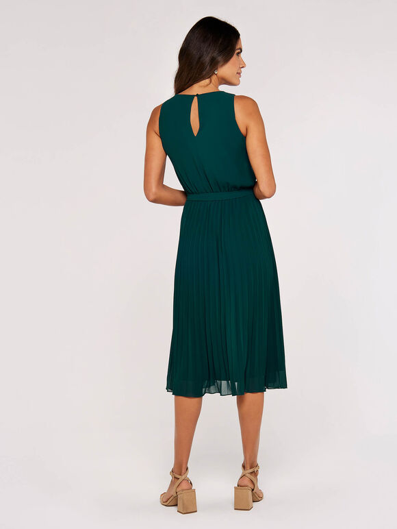 Pleated Skirt Midi Dress, Green, large