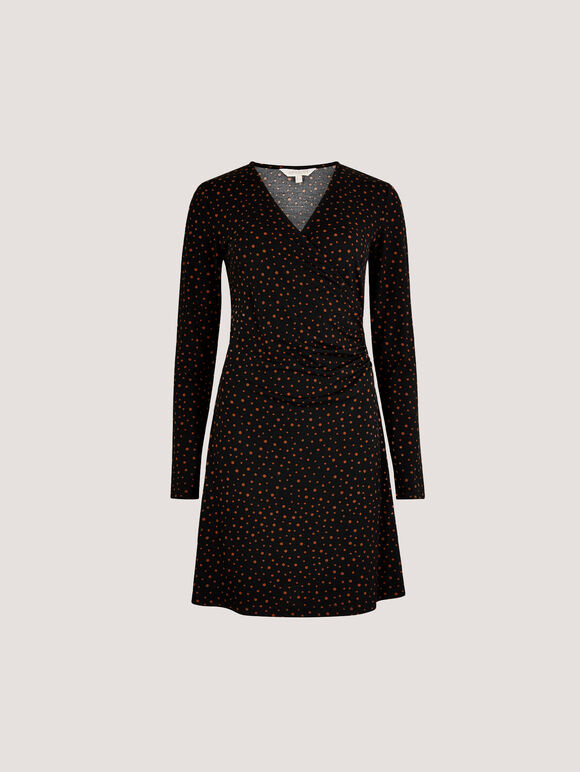 Polka Dot Wrap Ruched Mini Dress, Black, large