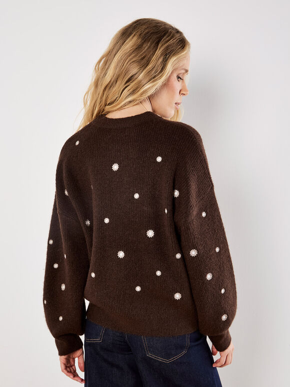 Daisy Embroidered Jumper, Brown, large